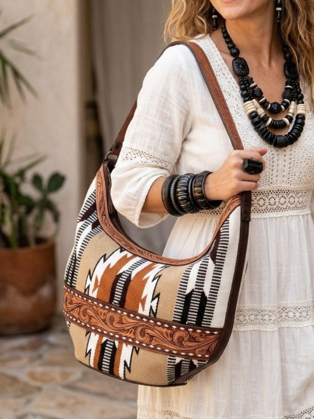 American Darling Western Aztec Tooled Hobo Bag